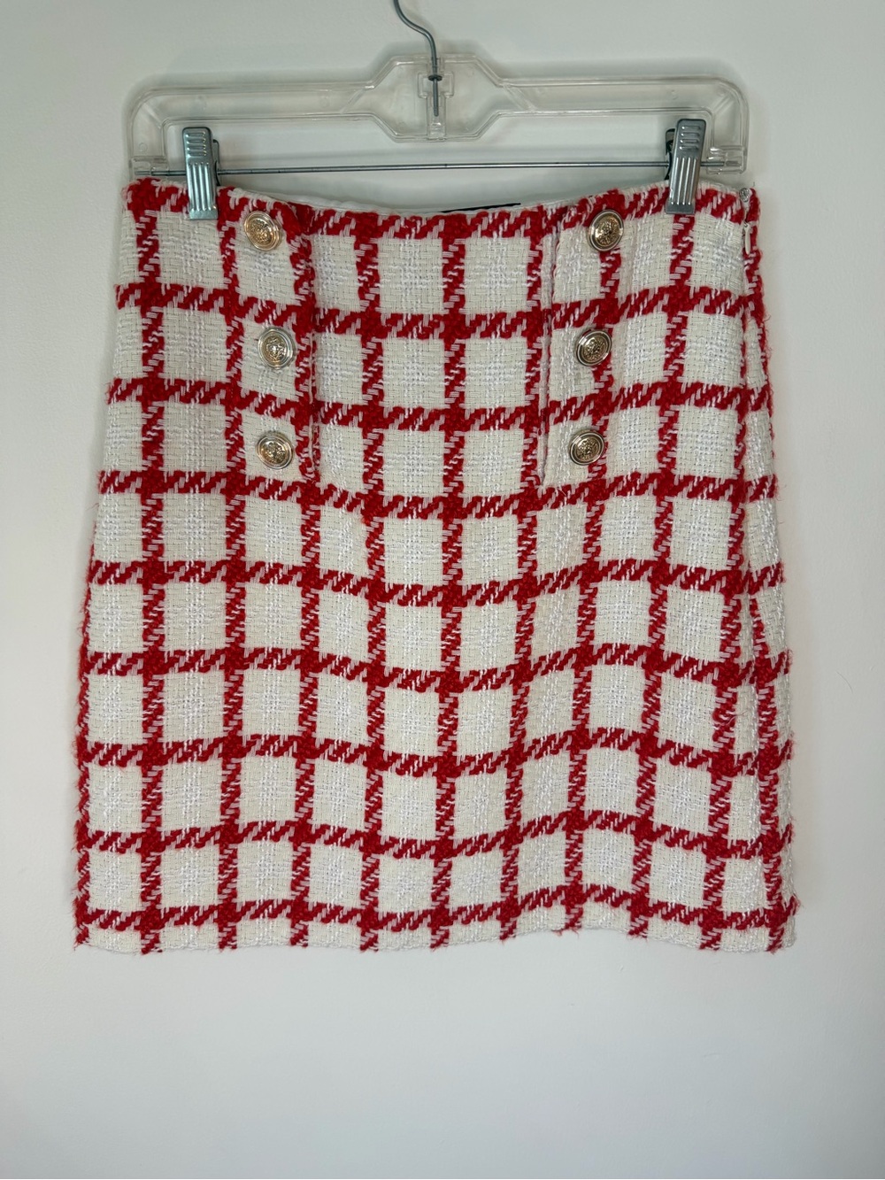Ann Taylor Red and White Check Tweed Mini Skirt with Gold Buttons Petite 4P line